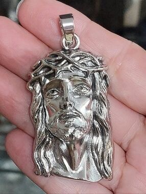 Silver Jesus Head Necklace Pendant - Mens Womens Jewelry